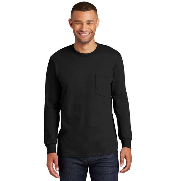 NWOT Hanes 2 PACK Authentic Long Sleeve Pocket Tee Black & Red SZ Small - Picture 1 of 6